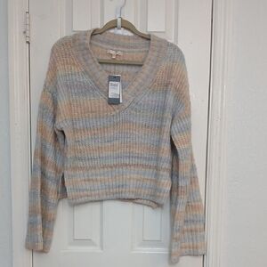NWT Guess Cream Multicolor Striped V-Neck Neena Wool Ribbed Pullover Sweater